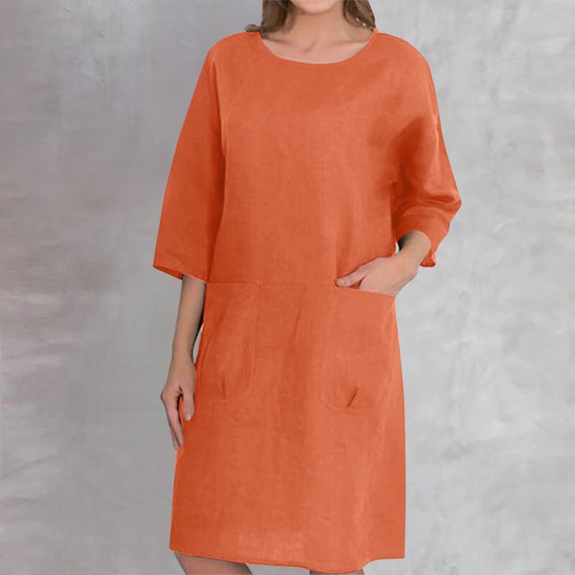 Mefallenssiah Mode Féminine Casual Printemps Été Manches Courtes Tour de Cou Genou-Haute Robe