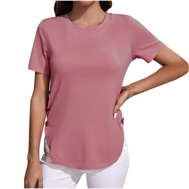 tarylea Womens Tops Short Sleeve Shirts Round Neck T Shirts Solid Color Tees Loose Fitted Summer Top 2025