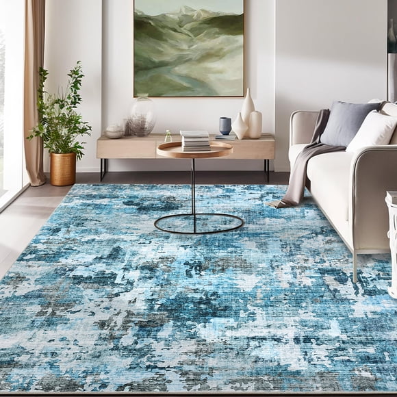 Area Rug 6x9 Washable - Boho Abstract Carpet - Non Slip Ultra Thin Low Pile Floor Rug - Soft Surface for Living Room Bedroom Dining Room Office - Non Shedding Collapsible - Blue