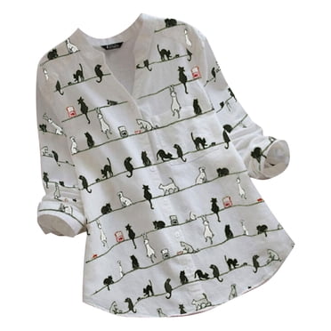 Hauts d'Été pour Femmes 2024 T-Shirts Mignons avec Chat pour Femmes Hauts à Manches Longues d'Été T-Shirts Graphiques d'Animaux Amusants Coupe Ample Grande Taille Tunique Mi-Longue