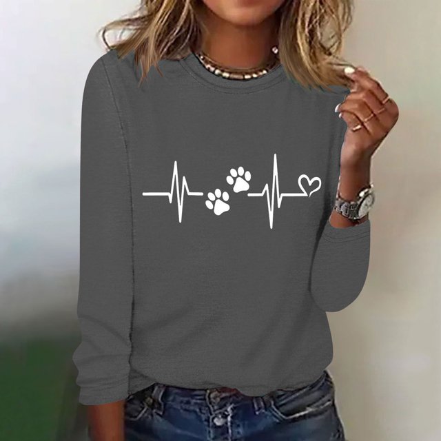 XZNGL Womens Printed Round Neck Pullover Long Sleeved Casual Womens