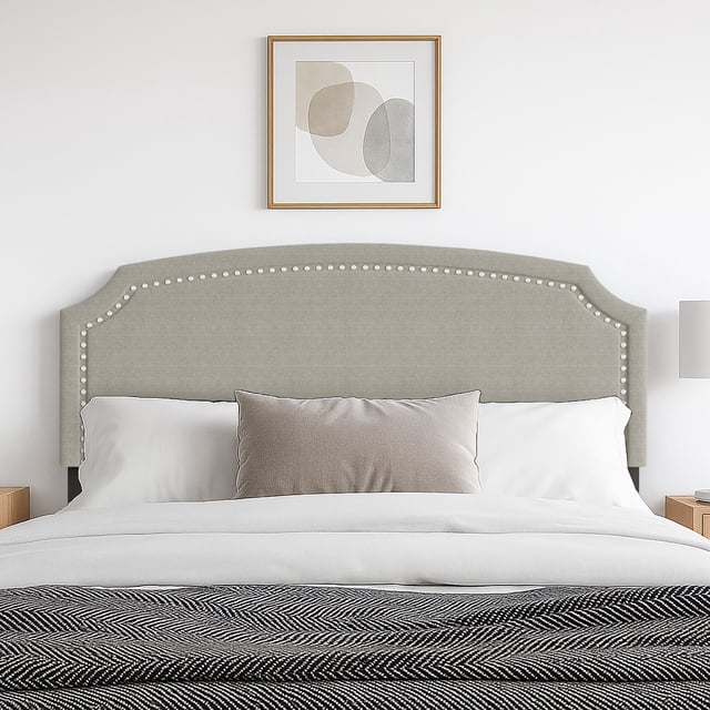 Cora Upholstered Clipped-corner Headboard w/ Nailhead Trim Warm Grey Queen