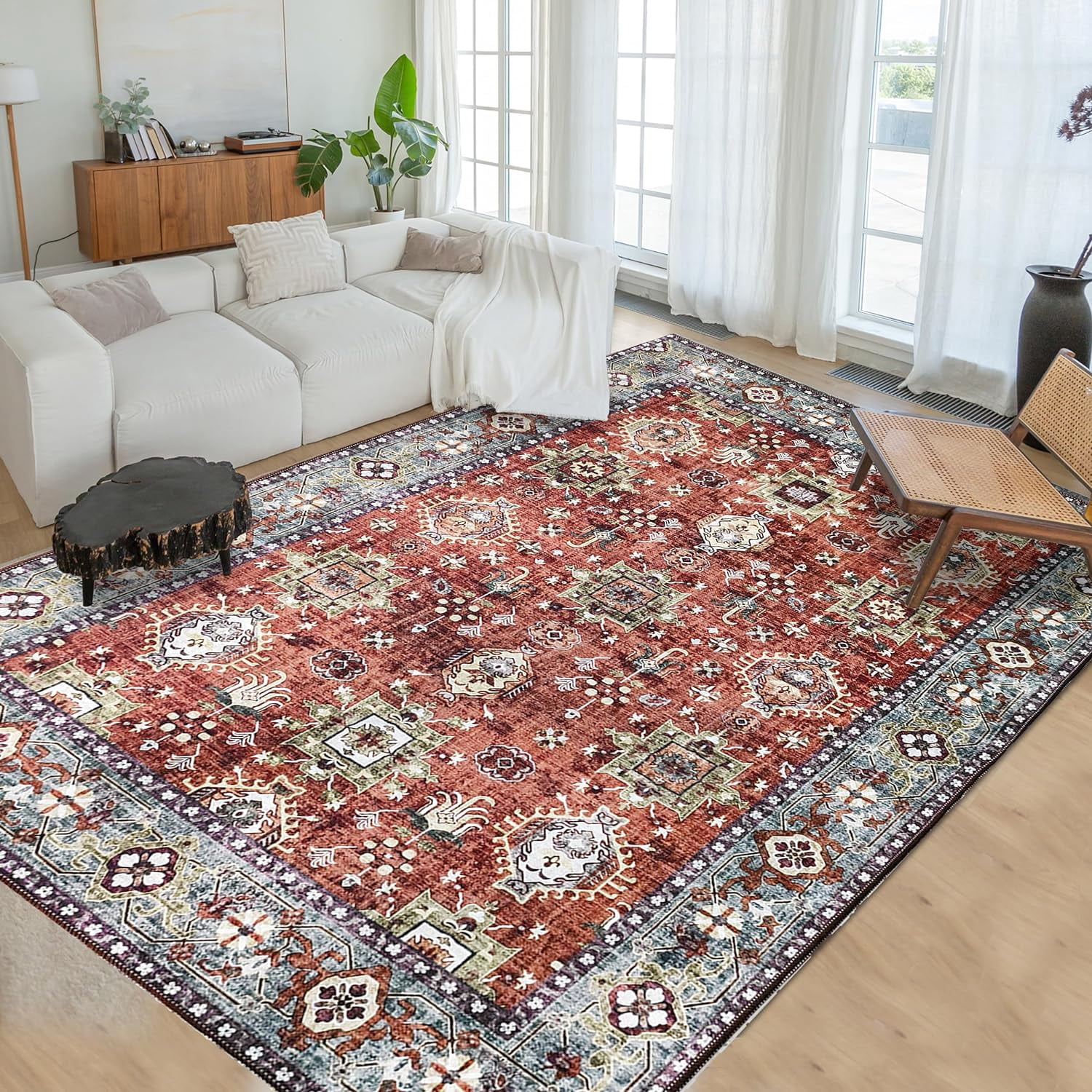 JV Home Tapis Oushak Rouge Brun 5 Pieds3"x7'3 Pouces Tapis Lavable Antidérapant