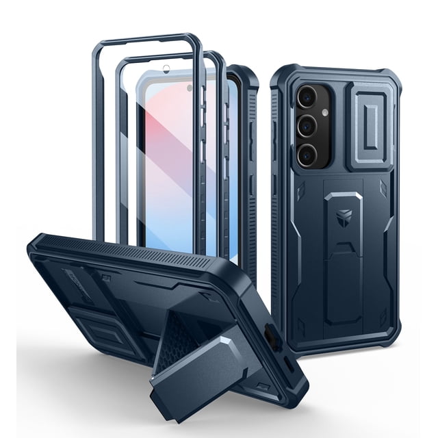 Dexnor for Samsung Galaxy S24 FE case in blue, featuring a built-in slide camera cover, screen protector, and kickstand. This heavy-duty, shockproof, full-body bumper protective cover is designed for the Galaxy S24 FE 2024. The case includes precise cutouts for ports and buttons, supports wireless charging, and offers military-grade drop protection. The upgraded camera cover with magnetic repulsion technology ensures smooth sliding and lens protection. The multi-functional kickstand allows hands-free use in portrait or landscape mode. Two front frames provide double-layered screen protection with raised edges for added defense.
