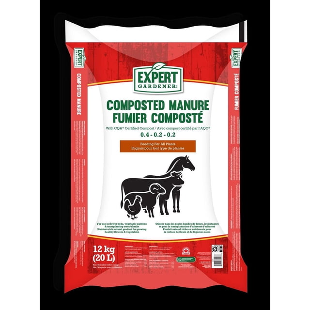 EG Composted Manure by Expert Gardener, 12 kg (20 L) bag of nutrient-rich fertilizer with NPK 0.4-0.2-0.2, featuring red and white packaging with farm animal silhouettes, ideal for flower beds, vegetable gardens, and transplanting shrubs and trees, also suitable as a natural soil amendment for healthy plant growth.