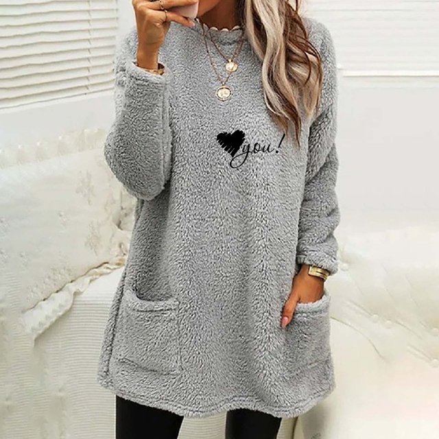 T-shirts pour Femmes Col Rond et Hiver Ample Imprimé Poche Chaud Manches Longues Blouse Hauts Chandail en Molleton Col Rond Femmes en Solde