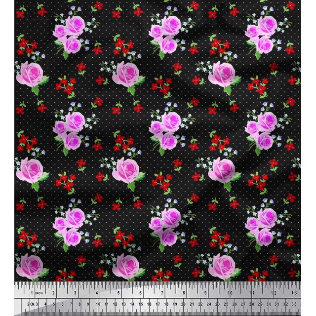 Soimoi Tissu en Velours à Pois, Feuilles & Roses Imprimé Floral 1 Yard 58 Pouces de Large