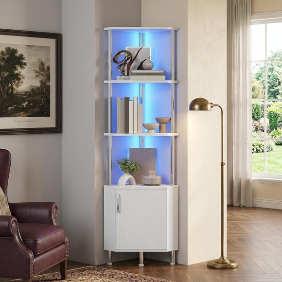 Corner Bookshelf – Space-Saving 5-Tier Industrial – LED Light & Doors – 140cm Tall – Living Room or Kitchen