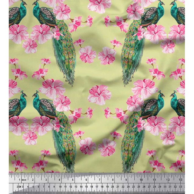 Soimoi Cotton Poplin Fabric Floral & Peacock Bird Print Sewing Fabric Yard 42 Inch Wide