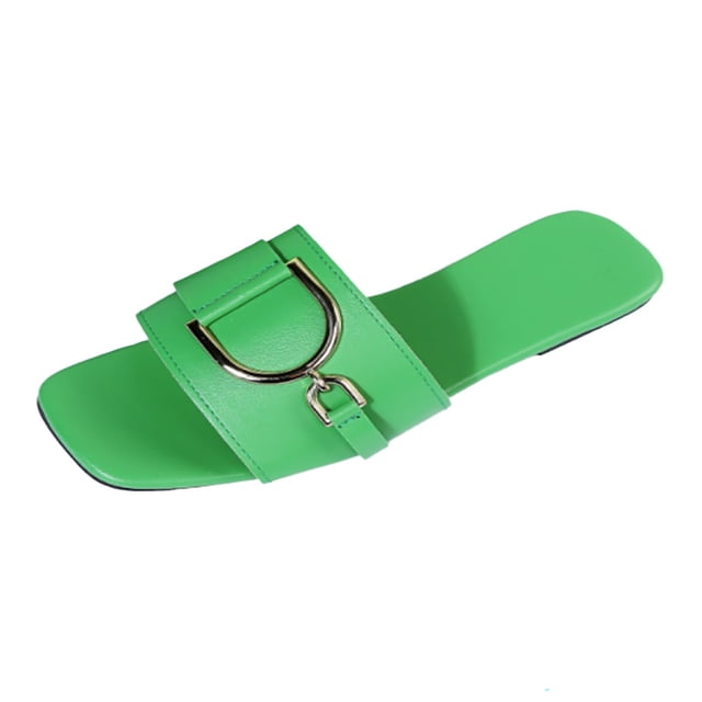IUJSOY Womens Flat Sandals Summer Comfortable Square Open Toe Slip on Leather Slide Sandals