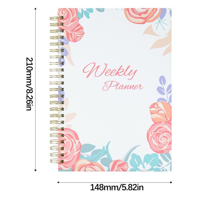 Cahier de Planification Hebdomadaire Format A5 108 Pages Couverture Rigide Reliure à Spirale avec Fermeture Élastique et Étiquettes Mensuelles