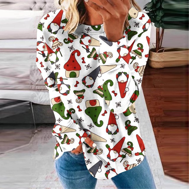 Costumes de Noël en Liquidation Col Rond Mode Décontractée Manches Longues Chandail à Imprimé de Noël Hauts Blouse Chandail Surdimensionné pour Femmes