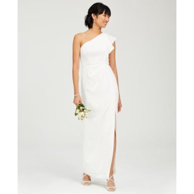 Adrianna Papell Robe de Soirée Fourreau Maxi Blanche Sans Manches à Encolure Asymétrique pour Femme Taille 12