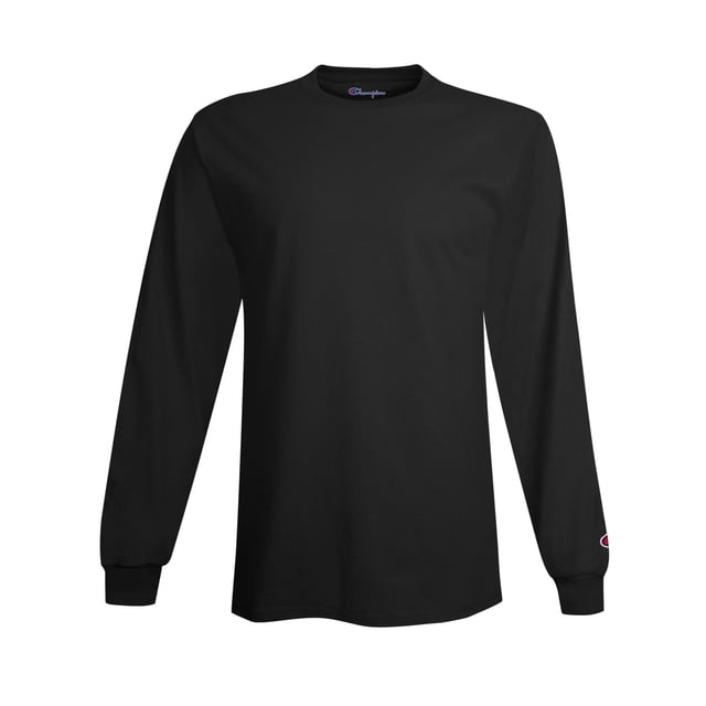Champion t-shirt à Manches Longues, Taille Moyenne, Couleur Noire, t-shirt pour Homme. Présente un design Sans Étiquette, Col Ras du Cou Rubané, Poignets Côtelés et le logo Champion C sur la Manche Gauche. Fabriqué à Partir de Tissu 5,2 Oz/yd pour le Confort et la Durabilité.