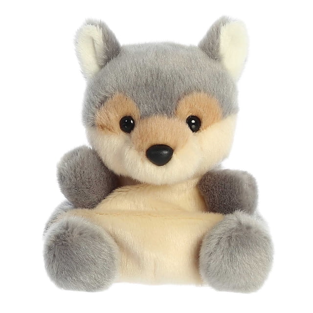 Aurora Palm Pals - Lucian Wolf 5-inch plush toy featuring a soft, fluffy grey and beige body with black eyes and a small black nose. This compact stuffed animal is made with high-quality materials and filled with bean pellets for added stability, making it suitable for all ages.
