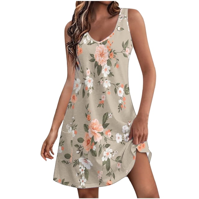 Pisexur Robes d'Été pour Femmes 2024 Plage Décontractées Sans Manches Robe Midi Présentant un Motif floral sur un Fond beige. la Robe a un Haut Style Camisole, une Coupe Ample et un Ourlet Évasé Qui Tombe au-Dessus des Genoux. Elle Comprend des Poches Latérales Pratiques et Est Fabriquée en polyester Léger pour le Confort. Convient aux Sorties Décontractées, aux Tenues de Plage Ou au Port Quotidien pendant l'Été et le Printemps.