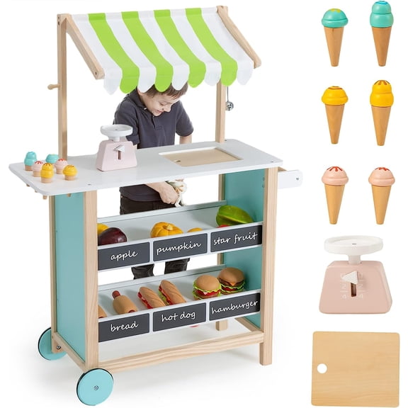 INFANS Wooden Grocery Store Marketplace Toy, Colorful Supermarket Pretend Play, Extra Storage 6 Ice Creams Scales Bells Chalkboards, Fun Indoor Farmer's Market Stand Set Gift for Ages 3+