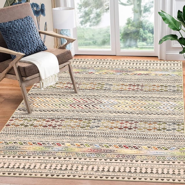Twister.CK Washable 8' x 10' Vintage Striped Area Rug, Soft Living Room Rug Stain Resistant Indoor Carpet Non Slip Low Pile Floor Cover for Bedroom Dining Room, Colorful Brown