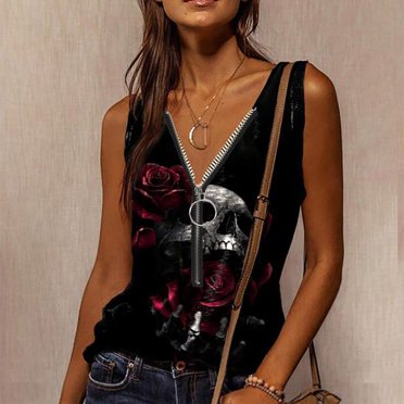 SMihono Hauts pour Femmes Débardeur pour Femmes Débardeur pour Femmes Dames Col en V à Fermeture Éclair Hauts Décontractés T-Shirt Imprimé Blouse Sans Manches Gilet Débardeurs pour Femmes Hauts d'Été pour Femmes
