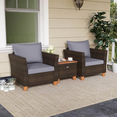 Costway Ensemble Bistro en Rotin pour Patio Extérieur 3 Pcs Dessus de Table en Bois Sofa Coussiné Gris