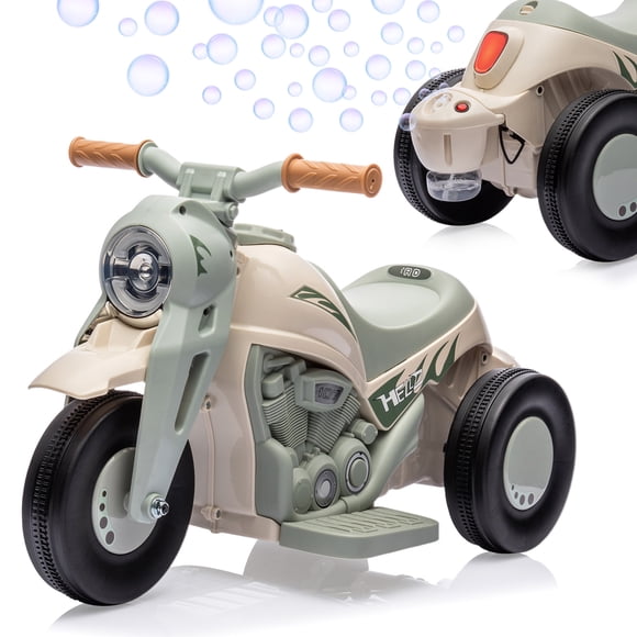 Moto à Bulles Électrique 6 V pour Enfants – Jouet Moto à 3 Roues à Pile, Fabricant de Bulles, Phares DEL, Musique, Pédale, Cadeau d'Anniversaire Parfait – Beige