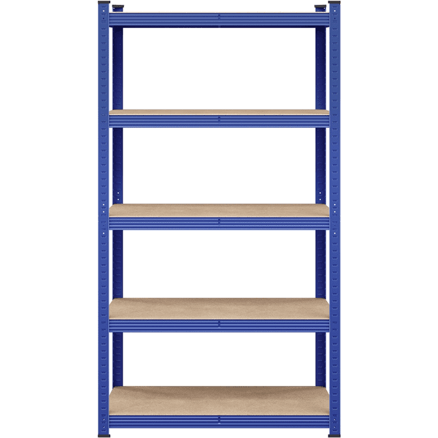 Fullfurnique 71″ Height Metal Storage Rack with Adjustable Shelves in blue, a 5-tier boltless shelving unit with blue galvanized iron frame and beige MDF shelves supported by central beams, featuring adjustable shelf spacing and rubber feet for stability and floor protection, suitable for garage, kitchen, or balcony storage.
