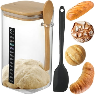 Sourdough Starter Jar Kit, 1500ML Glass Fermentation Tank with Wood lid, Wood Spoon, Silicone Spatula & Thermometer, Reusable Sourdough Jar for Home Baking, Food Storage Canister