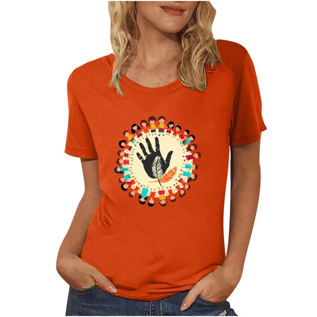 Dadaria T-Shirt pour Femmes T-Shirt Orange Hauts T-Shirt à Manches Courtes Col Ras du Cou Tee d'Été Empreintes de Mains Chandail Blouses TG