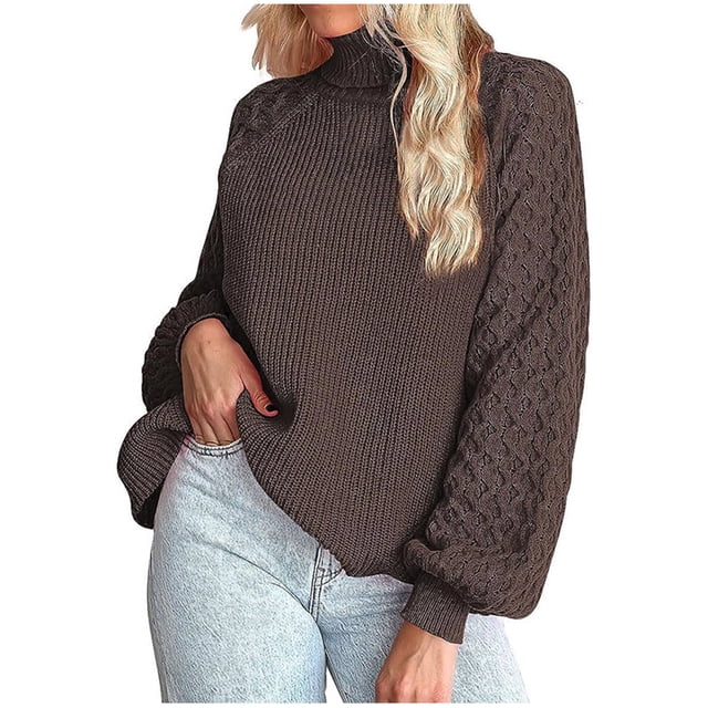 cllios White Sweaters for Women oversized Turtleneck Jumpers Casual Lantern Sleeve Knit Textured Sweater Pure Color Ribbed Pullover Tops