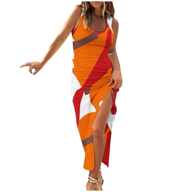 Womens Sleeveless Tight Maxi Dress Side Slit Drawstring Ruched Slim Fit Tank Dress U Neck Summer Club Beach Sun Dresses