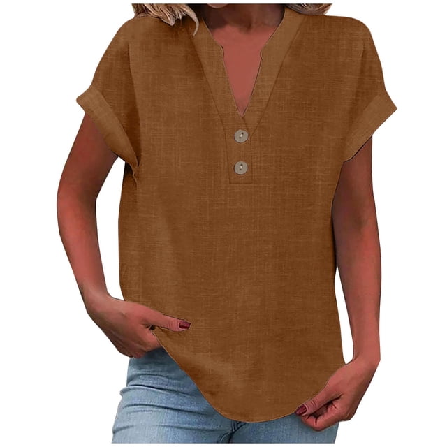 Timegard Cotton Linen Tops for Women V-Neck Button Short Sleeve Solid Color Dressy Casual Loose Tops