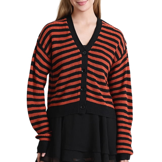 Gupgi Cardigan Rayé pour Femmes Pull Slim Manches Longues Col en V Fermeture à Boutons Veste Décontractée Automne