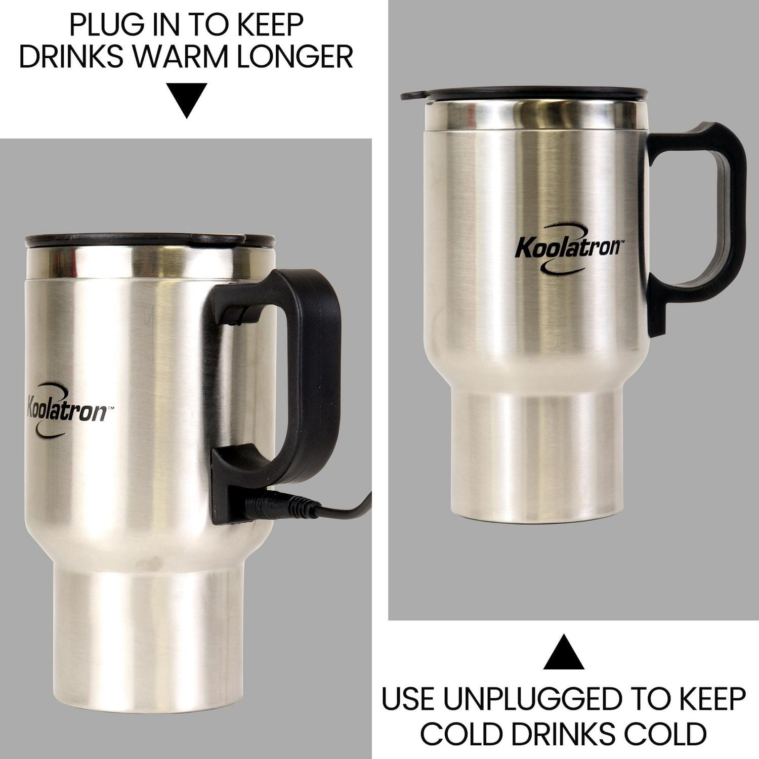 Koolatron Tasse chauffante électrique 12V/USB (argentée), mug chauffant portable pour voiture, camion et en déplacement