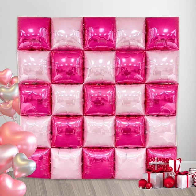 SINGOMON 25 Pcs Toile de Fond de Ballons Roses Ballons Carrés Rose Vif Toile de Fond de Ballon en Feuille Carrée Double Face Arche de Ballon en Feuille Kit de Guirlande de Ballons Roses pour Décorations de Fête Roses
