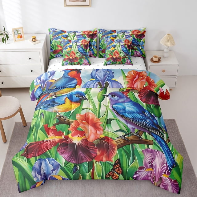 Floral Hummingbird Comforter Set Queen,Rustic Farmhouse Flowers Bedding Set 7 Piece Bed In A Bag,Country Garden Style Irises Bed Set With Comforter,Sheets Pillow Case And Covers