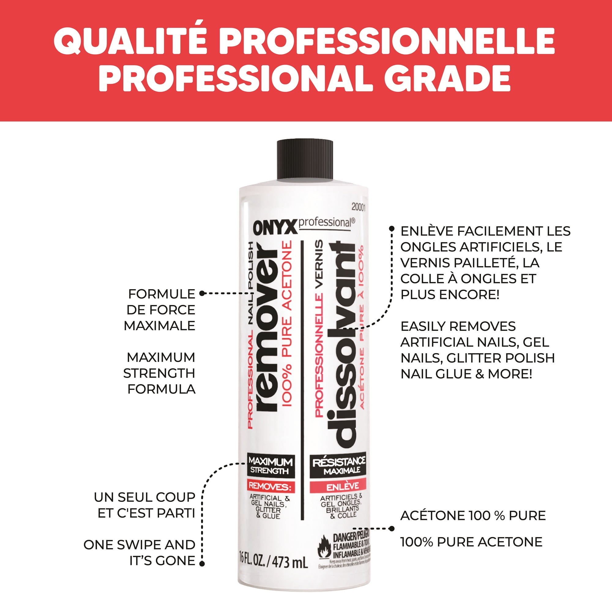 Onyx Professional Dissolvant pour Vernis à Ongles à l'Acétone Pure à 100 %, Résistance Maximale,. Bouteille