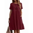 thumbnail image 1 of Robe T-Shirt d'Été en Coton et Lin pour Femmes, Décontractée, Coupe Ample, Col Rond, Manches Courtes, Longueur Midi, avec Poches, Rouge Vin, m, 1 of 7