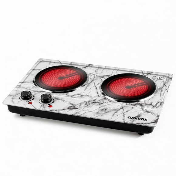 CUSIMAX 1800W Induction Cooktop,Portable Electric Hot Plate,Double Burner,Infrared Glass Cooktop, Fits All Cookware,Marble White