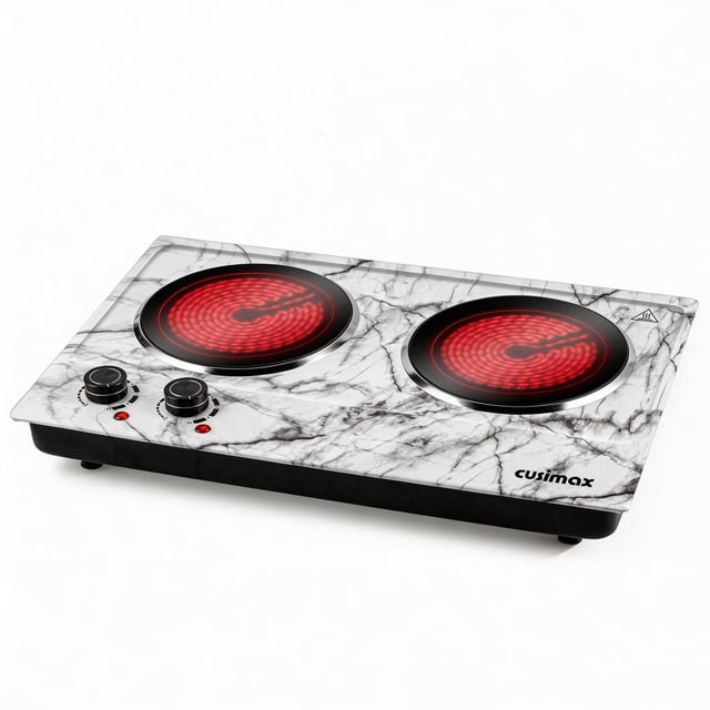 CUSIMAX 1800W Induction Cooktop,Portable Electric Hot Plate,Double Burner,Infrared Glass Cooktop, Fits All Cookware,Marble White
