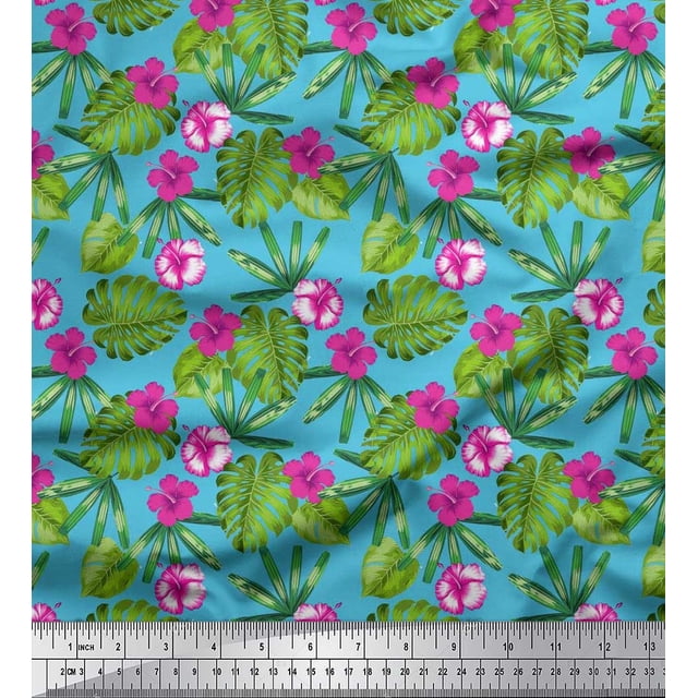 Soimoi Tissu Crêpe Polyester Imprimé Floral & Feuilles Tropicales au Mètre 42 Pouces de Large