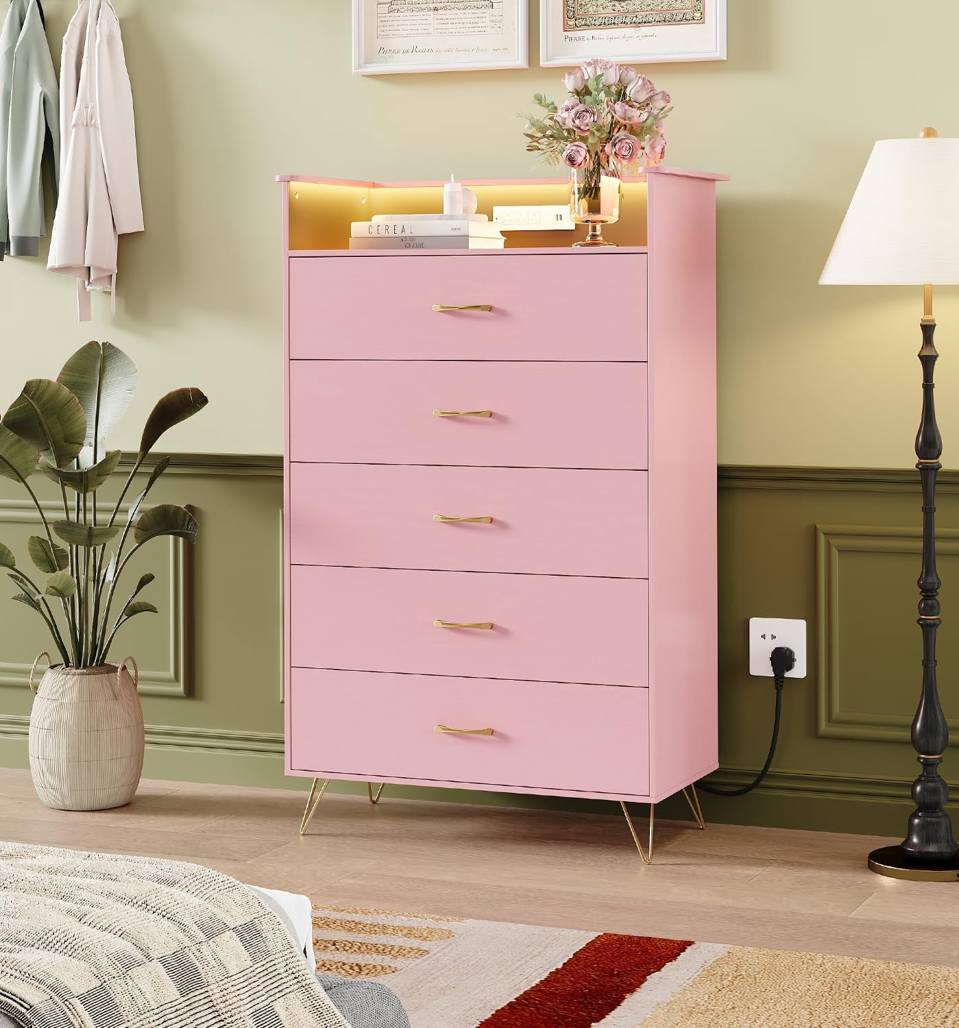 Modern 5-Drawer Tall Dresser for Bedroom, Wood Chest of Drawers with Silent Closing Slides, Water-Resistant White Storage Organizer for Hallway, Closet
