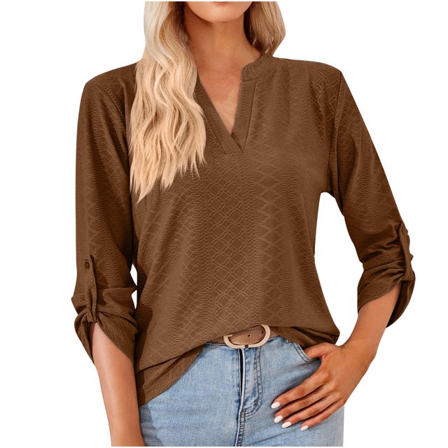 IROINNID T-shirt à Manches Longues en Polyester à Rabais pour Femmes, Décontracté, Uni, Col Fendu, Coupe Ample, Haut T-shirt, Café