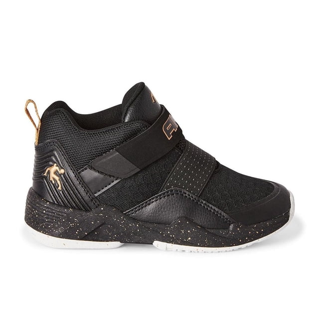 AND1 Boys' Blindside Sneakers in black with faux leather and mesh upper, high-top style with round toe and rubber outsole speckled with gold. Features Velcro-strap closure, back pull loop, and graphic prints on heel, ideal for boys' running and casual wear.