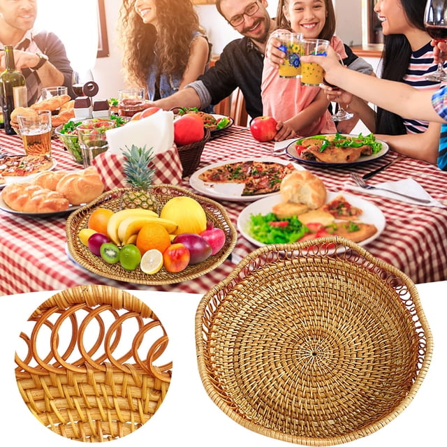 Fruit Wicker Storage Bowls Natural Woven Serving Bowls Decorative For Kitchen Counter Organizing