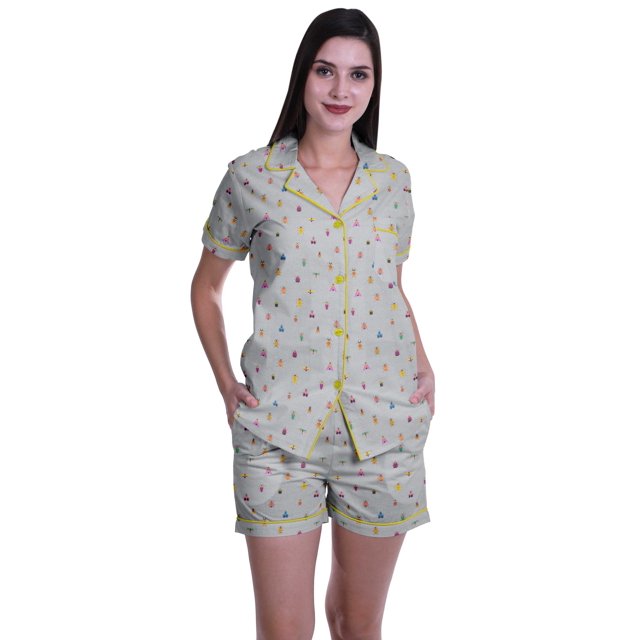 Moomaya Pyjama pour Femmes Imprimé, Ensemble Deux Pièces à Col Cranté avec Short