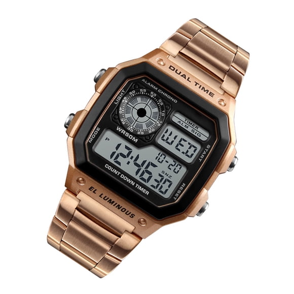 SKMEI SKMEI Men's 5ATM Waterproof Digital Sports Watch with Stainless Steel Band, Chronograph, Alarm, Dual Time, Date Display, and Backlight in Rose Gold