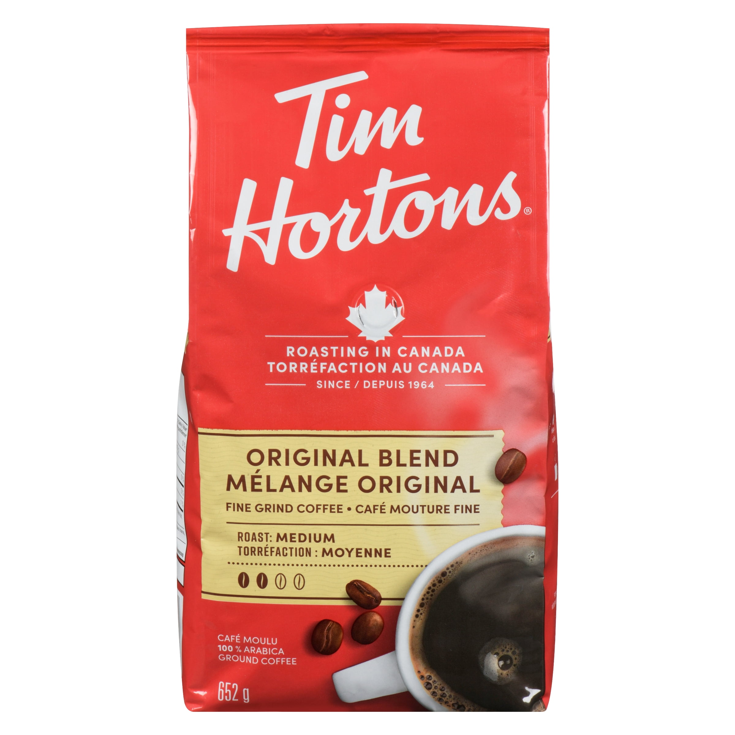 Sac de 652 g de café moulu de mélange original de Tim Hortons de torréfaction moyenne, offrant un goût velouté, riche et bien équilibré.