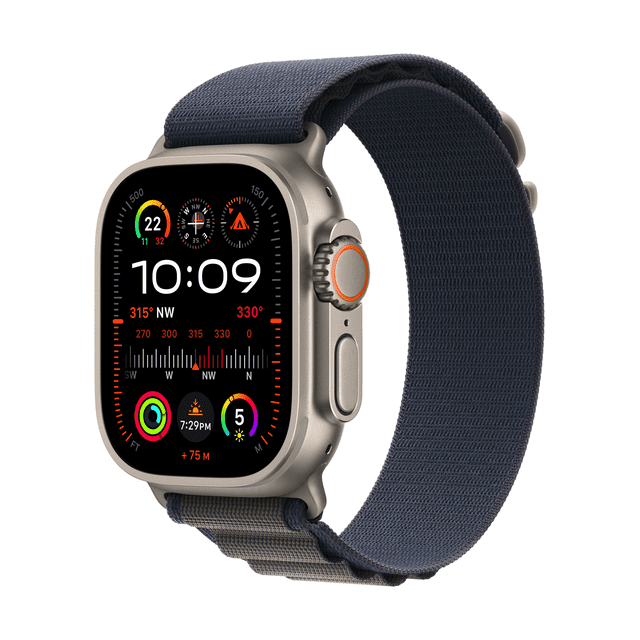 Apple Watch Ultra 2 (GPS + Cellulaire) Boucle Alpine Bleue - Petite Montre Affichant un Boîtier en Titane Résistant à la Corrosion de 49 mm avec une Grande Couronne Numérique et un Bouton d'Action Personnalisable, Doté d'Un Écran Superright avec Boussole, Bagues d'Activité et Heure, Assorti à un Bracelet Boucle Alpine Tissé Bleu durable Convenant aux Aventures en Plein Air.