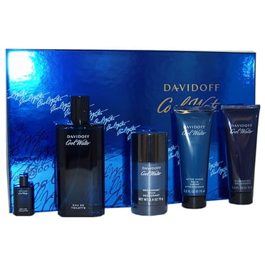 Cool Water by Davidoff pour Hommes - Coffret Cadeau 5 Pcs Vaporisateur EDT 4,2 Oz, Baume après-Rasage 2,5 Oz, Gel Douche 2,5 Oz, Bâton Déodorant 2,4 Oz, Mini Éclaboussures EDT 5 ml