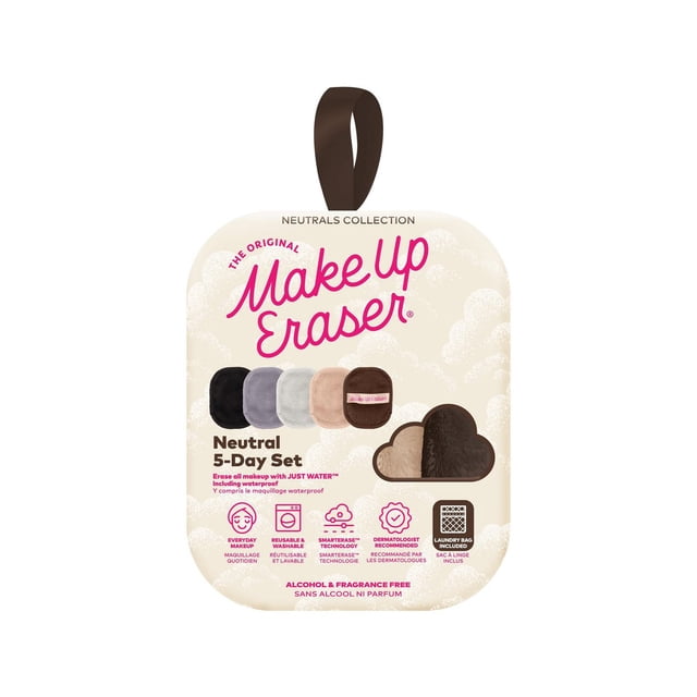 The Original MakeUp Eraser Ensemble de 5 Jours Neutres Comporte Cinq Linges Démaquillants Réutilisables en Nuances Neutres Incluant Noir, Gris, beige et Brun avec Technologie SmartErase et Recommandation de Dermatologue, Emballés dans une Pochette Crème avec Motifs Nuage et une Boucle de Suspension Brune, Idéal pour Enlever le Maquillage Quotidien et Imperméable avec Seulement de l'Eau.